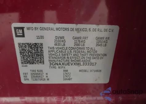 2021 Chevrolet Equinox Awd Lt из США, поврежденный, VIN 3GNAXUEVXML333317